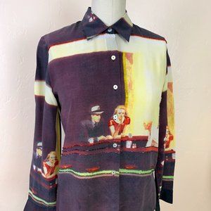 RARE Nicole Taylor silk vintage long sleeve blouse with Edward Hopper print